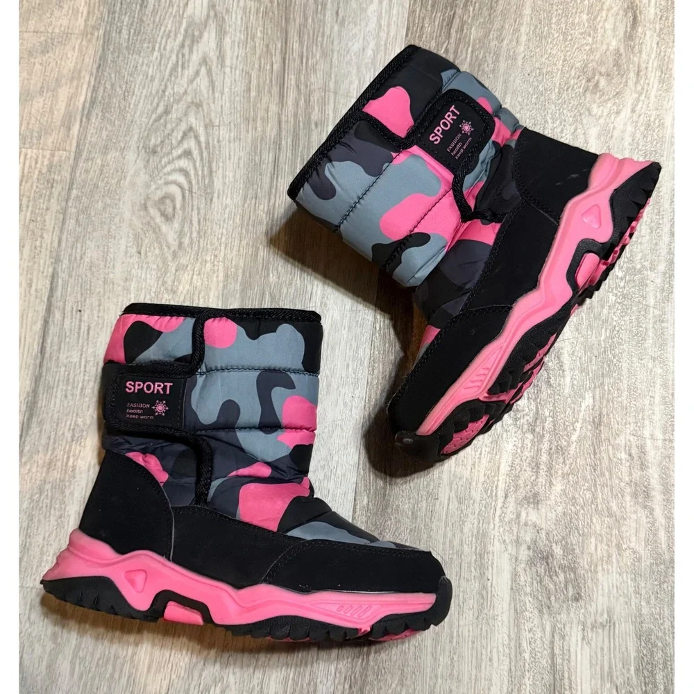 Kids Camo Sport Snow Boots Pink Black Winter‎ Warm Lined Size 33 1.5